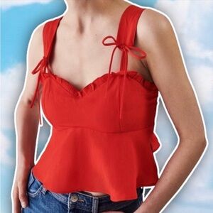ZARA Flounce Peplum Ruffle Tie Strap Crop Top Red Coquette Retro Pinup Feminine